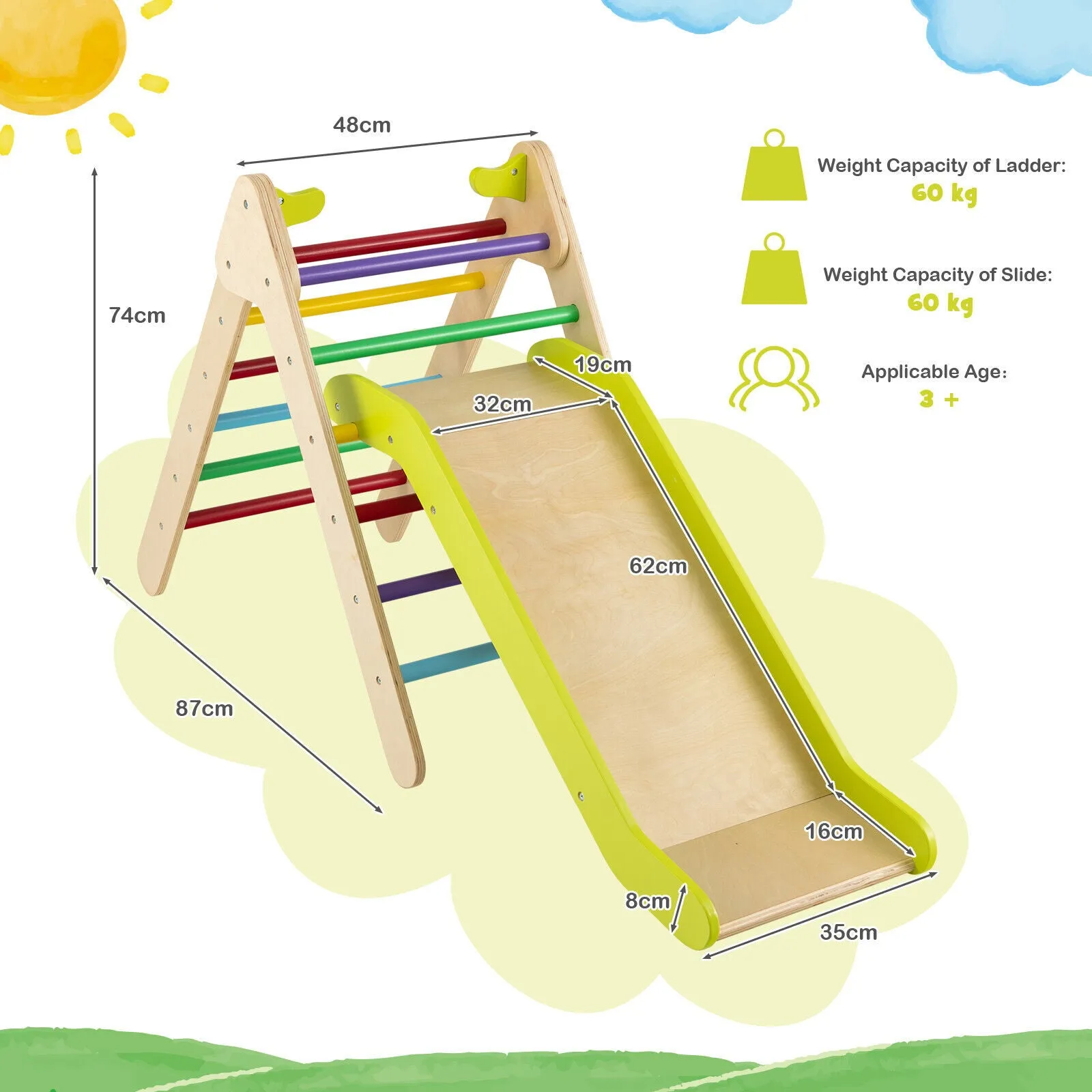 2 in 1 Wooden Triangle Climbing Toy with Gradient Adjustable Slide