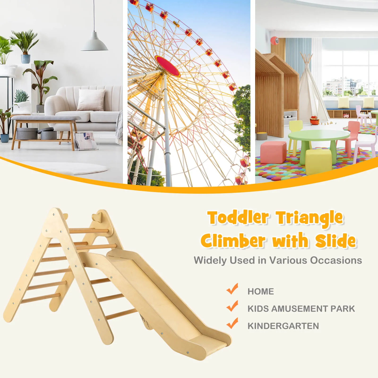 2 in 1 Wooden Triangle Climbing Toy with Gradient Adjustable Slide