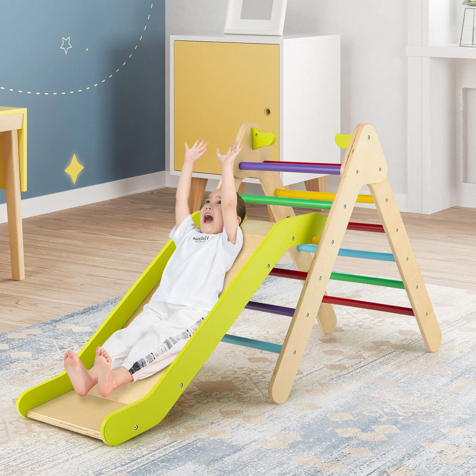 2 in 1 Wooden Triangle Climbing Toy with Gradient Adjustable Slide