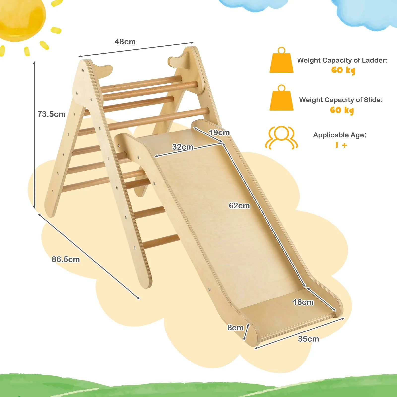 2 in 1 Wooden Triangle Climbing Toy with Gradient Adjustable Slide