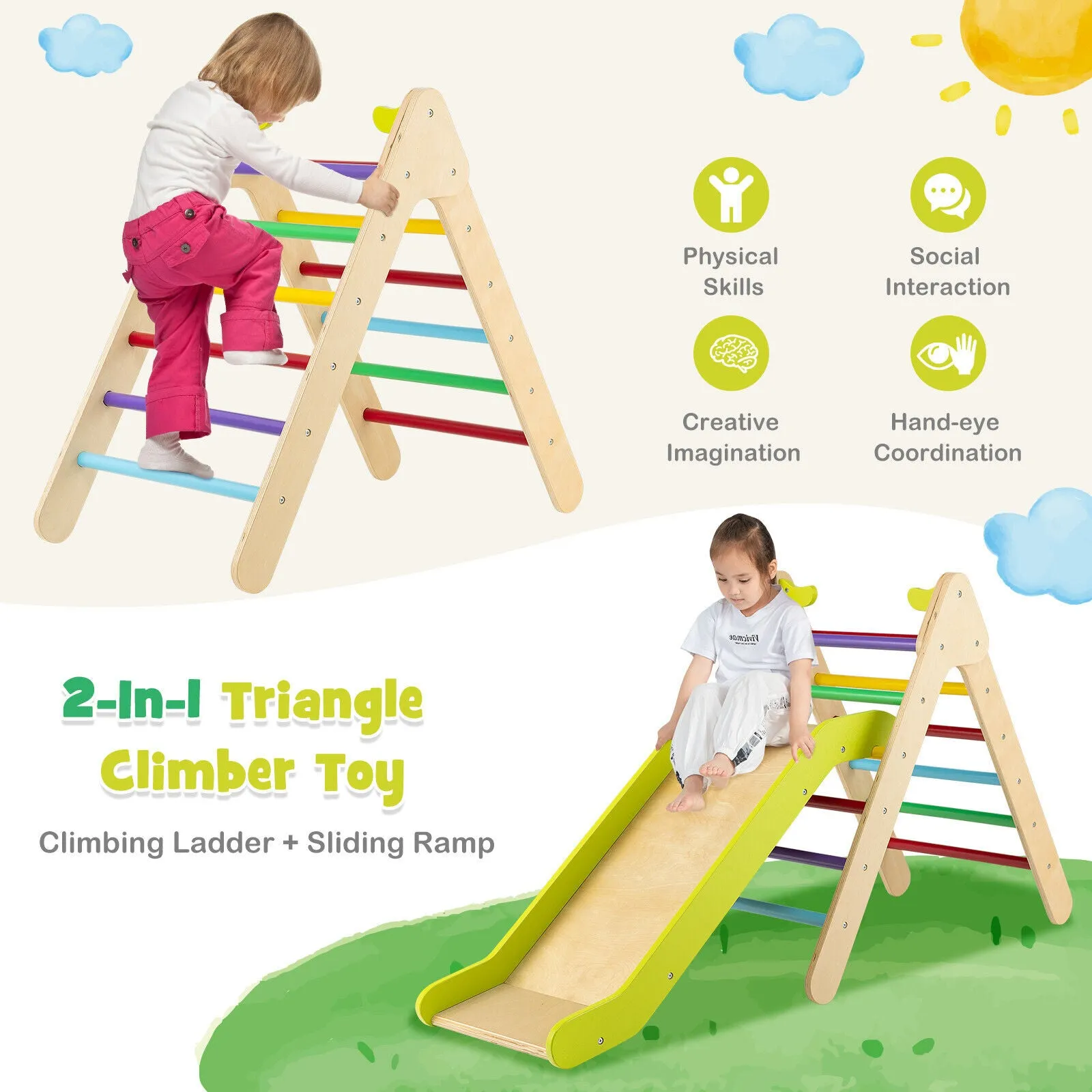 2 in 1 Wooden Triangle Climbing Toy with Gradient Adjustable Slide