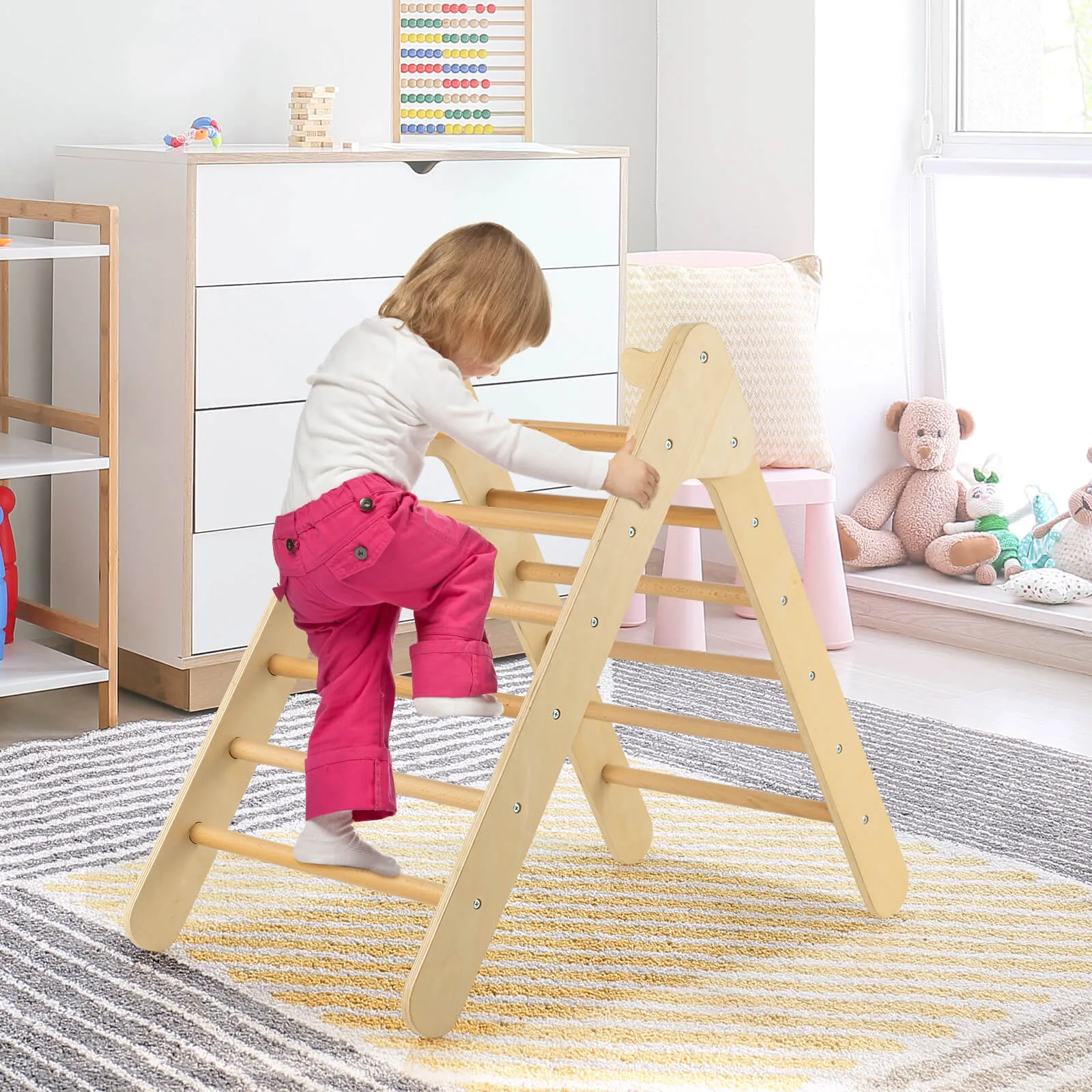 2 in 1 Wooden Triangle Climbing Toy with Gradient Adjustable Slide