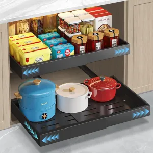 2 Pack Expandable Pull Out Cabinet Organizer 21" Deep, 3 Rails Slide Out Drawer for Kitchen Cabinet, Adjustable No Drill Roll Out Shelf Adhesive with Nano Film 12.2"-20.5" W Black