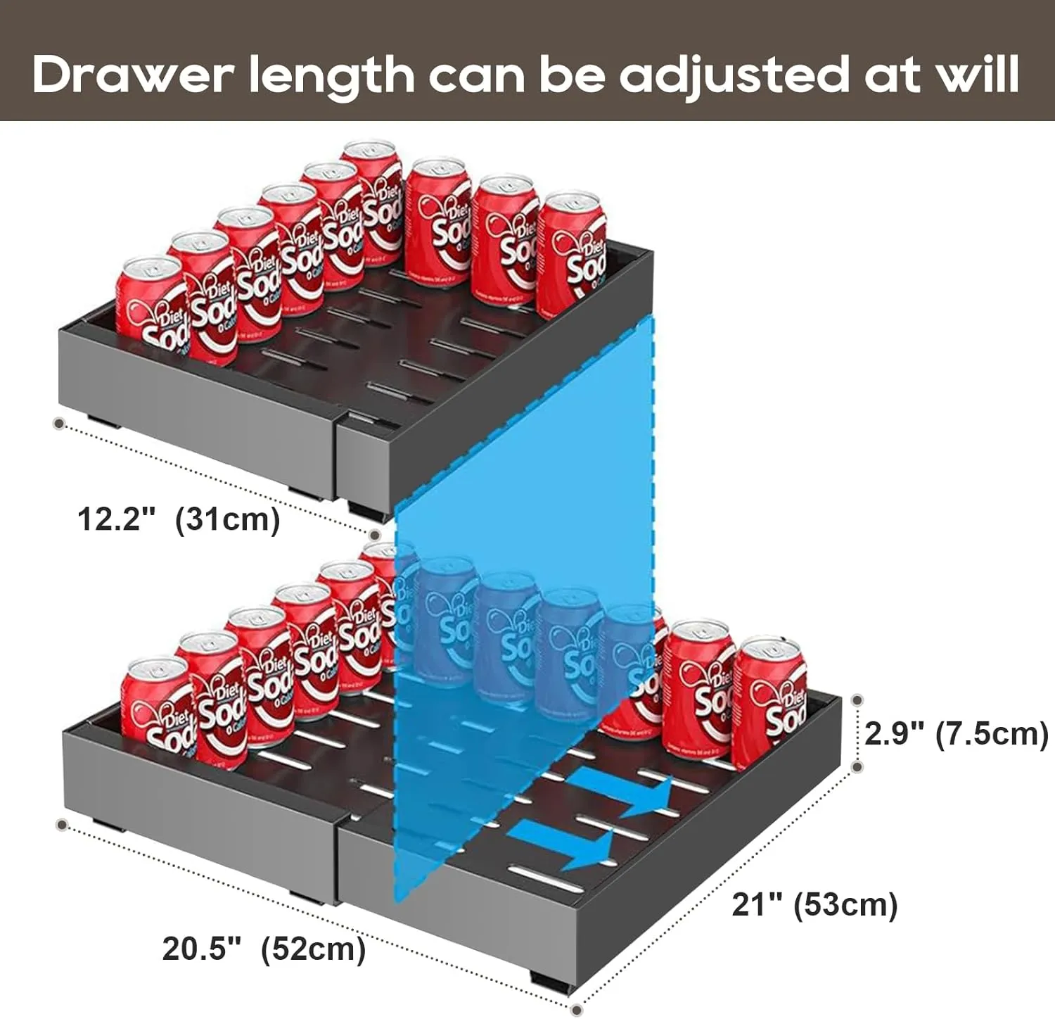 2 Pack Expandable Pull Out Cabinet Organizer 21" Deep, 3 Rails Slide Out Drawer for Kitchen Cabinet, Adjustable No Drill Roll Out Shelf Adhesive with Nano Film 12.2"-20.5" W Black