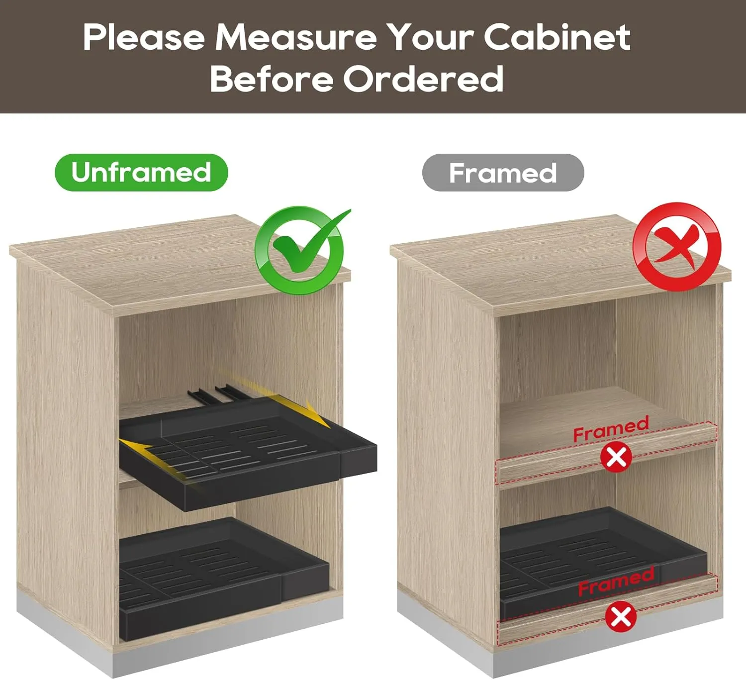 2 Pack Expandable Pull Out Cabinet Organizer 21" Deep, 3 Rails Slide Out Drawer for Kitchen Cabinet, Adjustable No Drill Roll Out Shelf Adhesive with Nano Film 12.2"-20.5" W Black