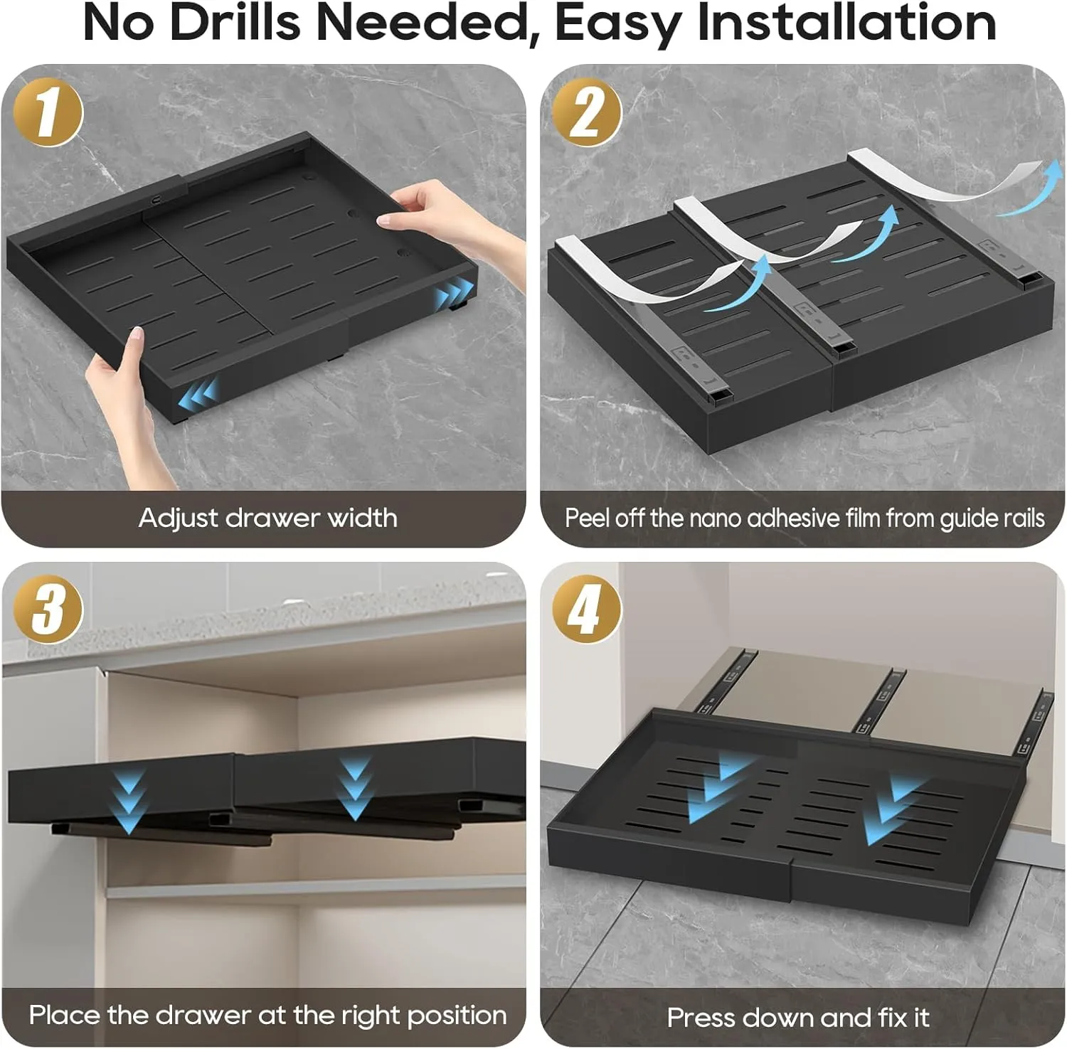 2 Pack Expandable Pull Out Cabinet Organizer 21" Deep, 3 Rails Slide Out Drawer for Kitchen Cabinet, Adjustable No Drill Roll Out Shelf Adhesive with Nano Film 12.2"-20.5" W Black