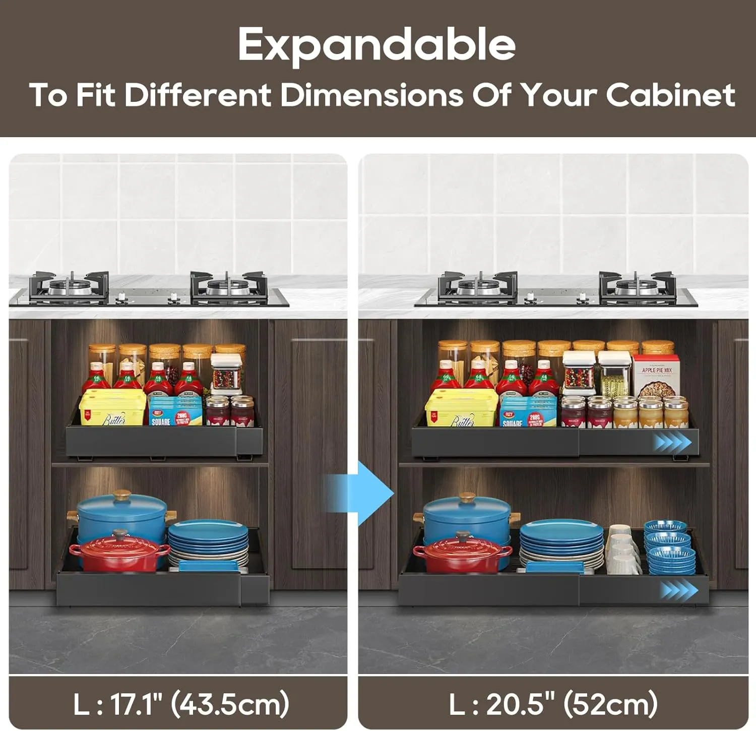 2 Pack Expandable Pull Out Cabinet Organizer 21" Deep, 3 Rails Slide Out Drawer for Kitchen Cabinet, Adjustable No Drill Roll Out Shelf Adhesive with Nano Film 12.2"-20.5" W Black