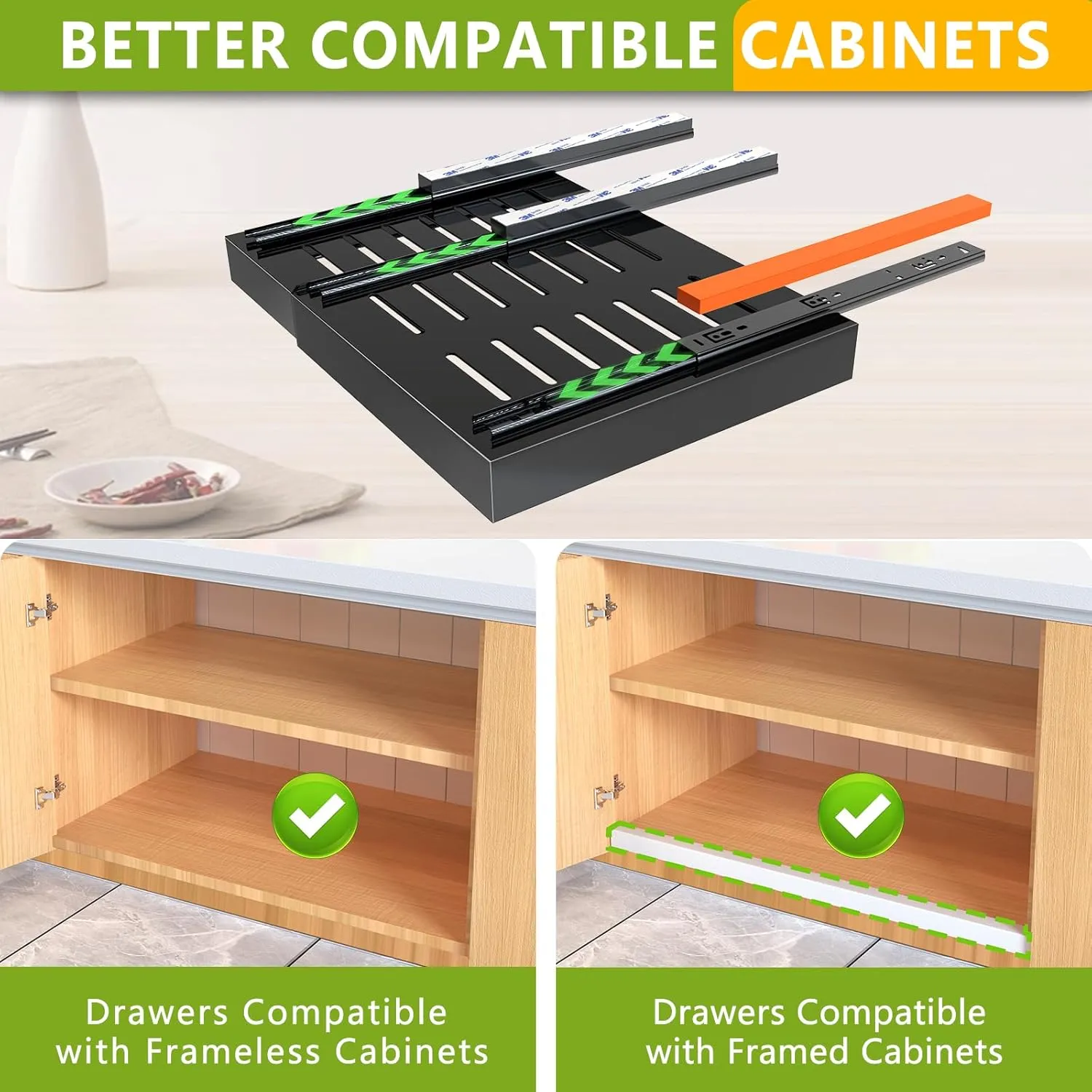 2 Pack Pull out Cabinet Organizer, Expandable Slide out Drawers Organizers Durable Rack Fixed with Adhesive Nano Film Compatible Framed Cabinets Shelves for Kitchen Pantry Adjustable Width 12.4"-20.4"