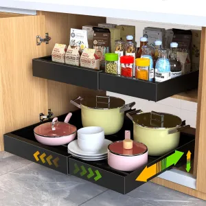 2 Pack Pull out Cabinet Organizer, Expandable Slide out Drawers Organizers Durable Rack Fixed with Adhesive Nano Film Compatible Framed Cabinets Shelves for Kitchen Pantry Adjustable Width 12.4"-20.4"