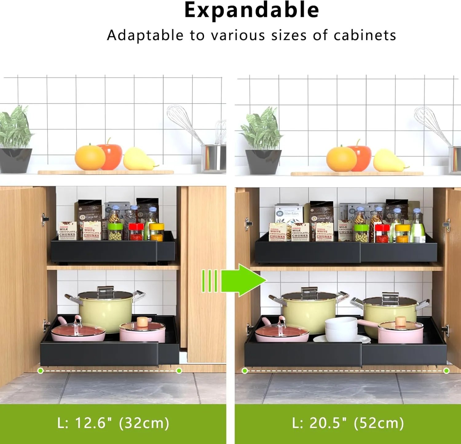 2 Pack Pull out Cabinet Organizer, Expandable Slide out Drawers Organizers Durable Rack Fixed with Adhesive Nano Film Compatible Framed Cabinets Shelves for Kitchen Pantry Adjustable Width 12.4"-20.4"