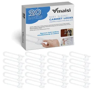 20 Pack U Shaped Sliding Cabinet Locks Baby Proofing - Vmaisi Adjustable Child Safety Locks,Childproof Latches for Kitchen Bathroom Storage Cupboards Doors, Handles and Knobs White