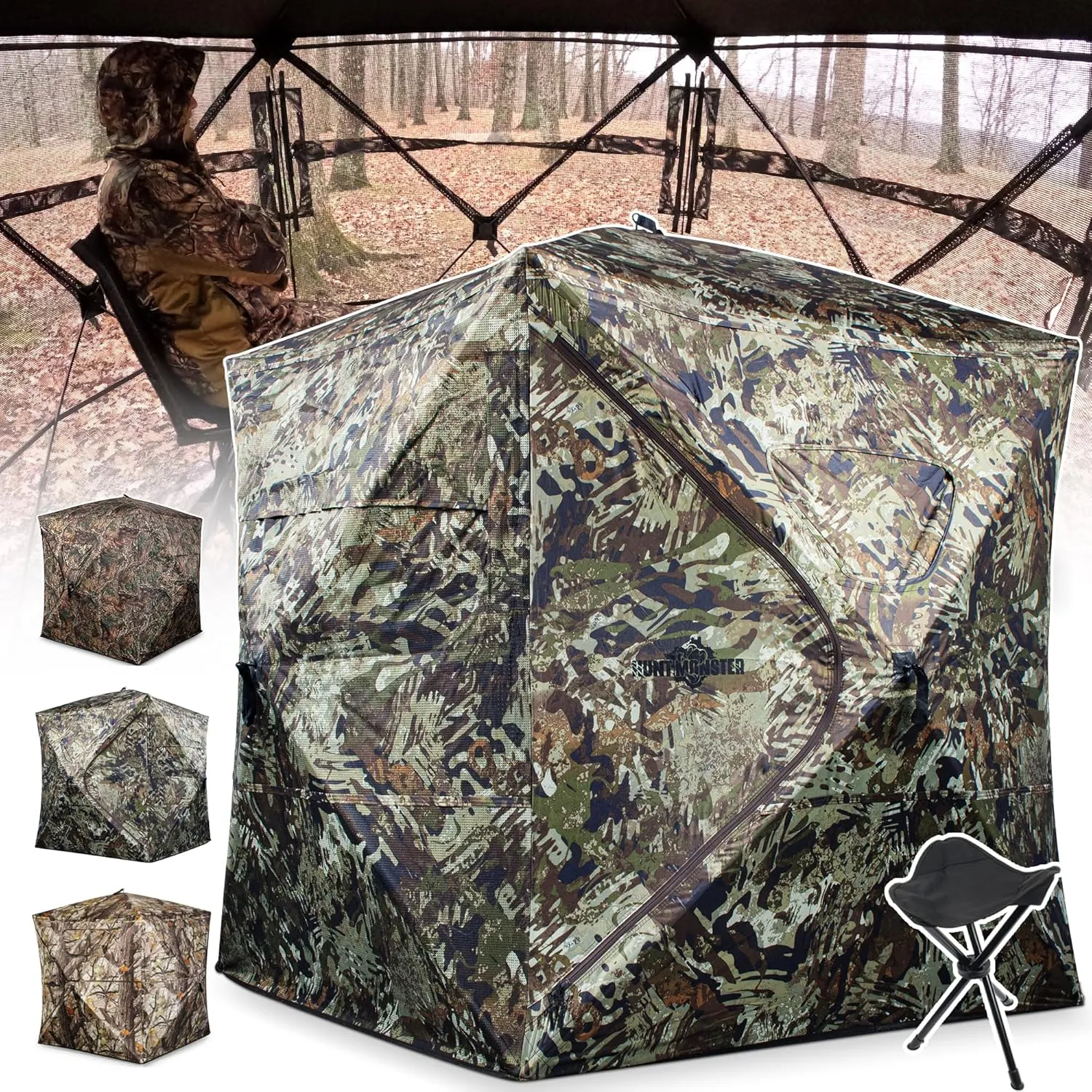 270/360 Degree See Through Hunting Blind 1-3 Person with Tri-Leg Hunting Stool, Pop up Ground Blinds for Deer Turkey Duck Hunting, Hunting Adjust Windows with Silent Zipper
