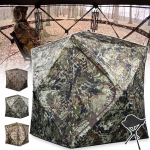 270/360 Degree See Through Hunting Blind 1-3 Person with Tri-Leg Hunting Stool, Pop up Ground Blinds for Deer Turkey Duck Hunting, Hunting Adjust Windows with Silent Zipper