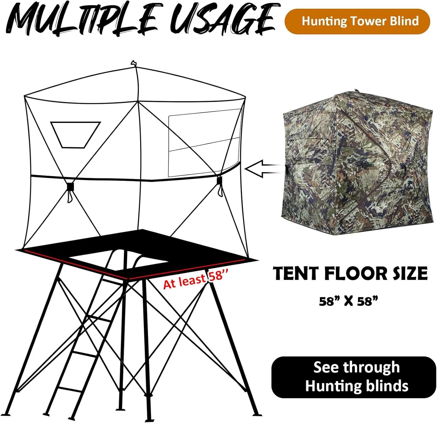 270/360 Degree See Through Hunting Blind 1-3 Person with Tri-Leg Hunting Stool, Pop up Ground Blinds for Deer Turkey Duck Hunting, Hunting Adjust Windows with Silent Zipper