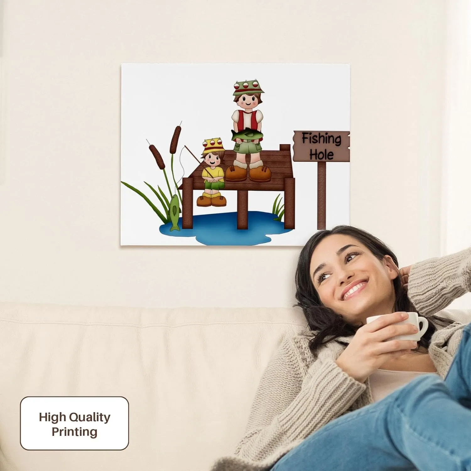 3dRose, Cute Dad and Son Fishing On A Dock Illustration, Museum Grade Canvas Wrap 20x16