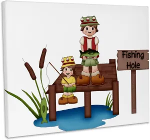 3dRose, Cute Dad and Son Fishing On A Dock Illustration, Museum Grade Canvas Wrap 20x16