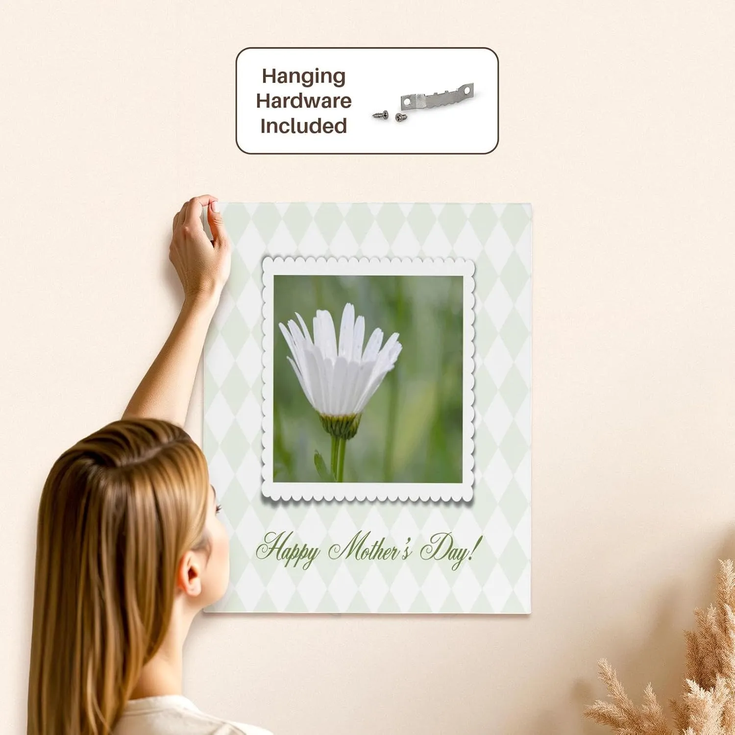 3dRose, Ox Eyed Flower in Frame on Pale Green Diamond Design, Happy Mothers Day, Museum Grade Canvas Wrap 16x20