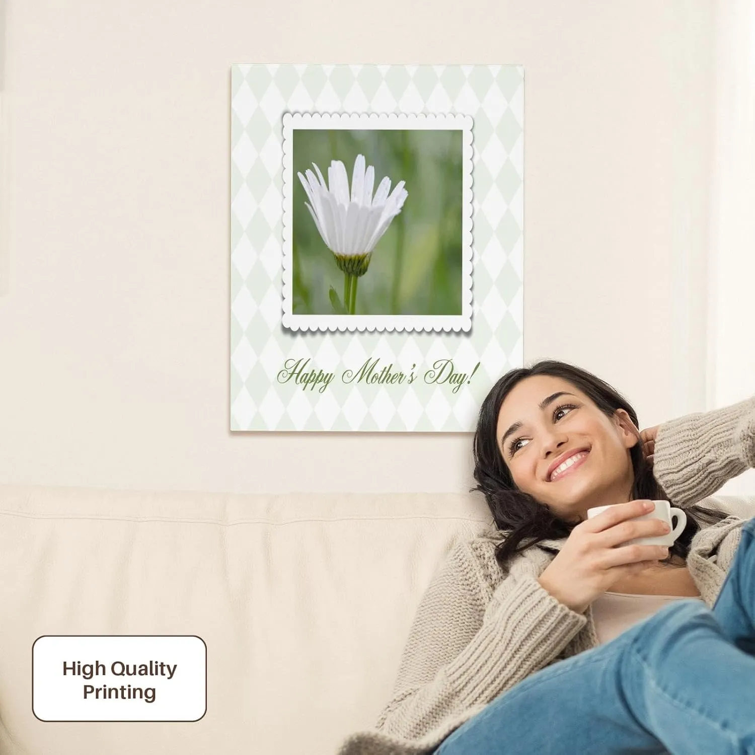 3dRose, Ox Eyed Flower in Frame on Pale Green Diamond Design, Happy Mothers Day, Museum Grade Canvas Wrap 16x20