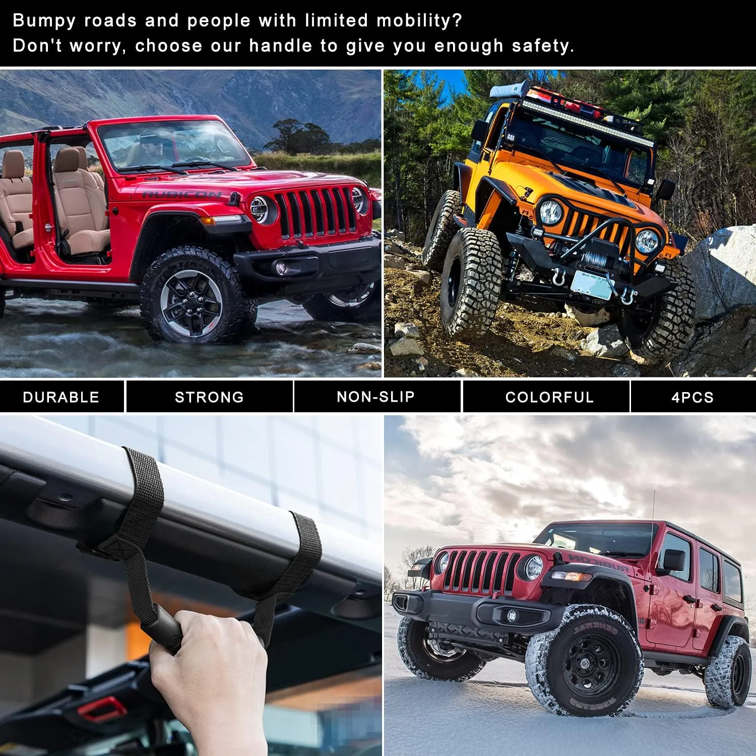 4 x Roll Bar Grab Handles Grip Handle for Jeep Wrangler YJ TJ JK JKU JL JLU Sports Sahara Freedom Rubicon X & Unlimited 1955-2024 2025 (Black)