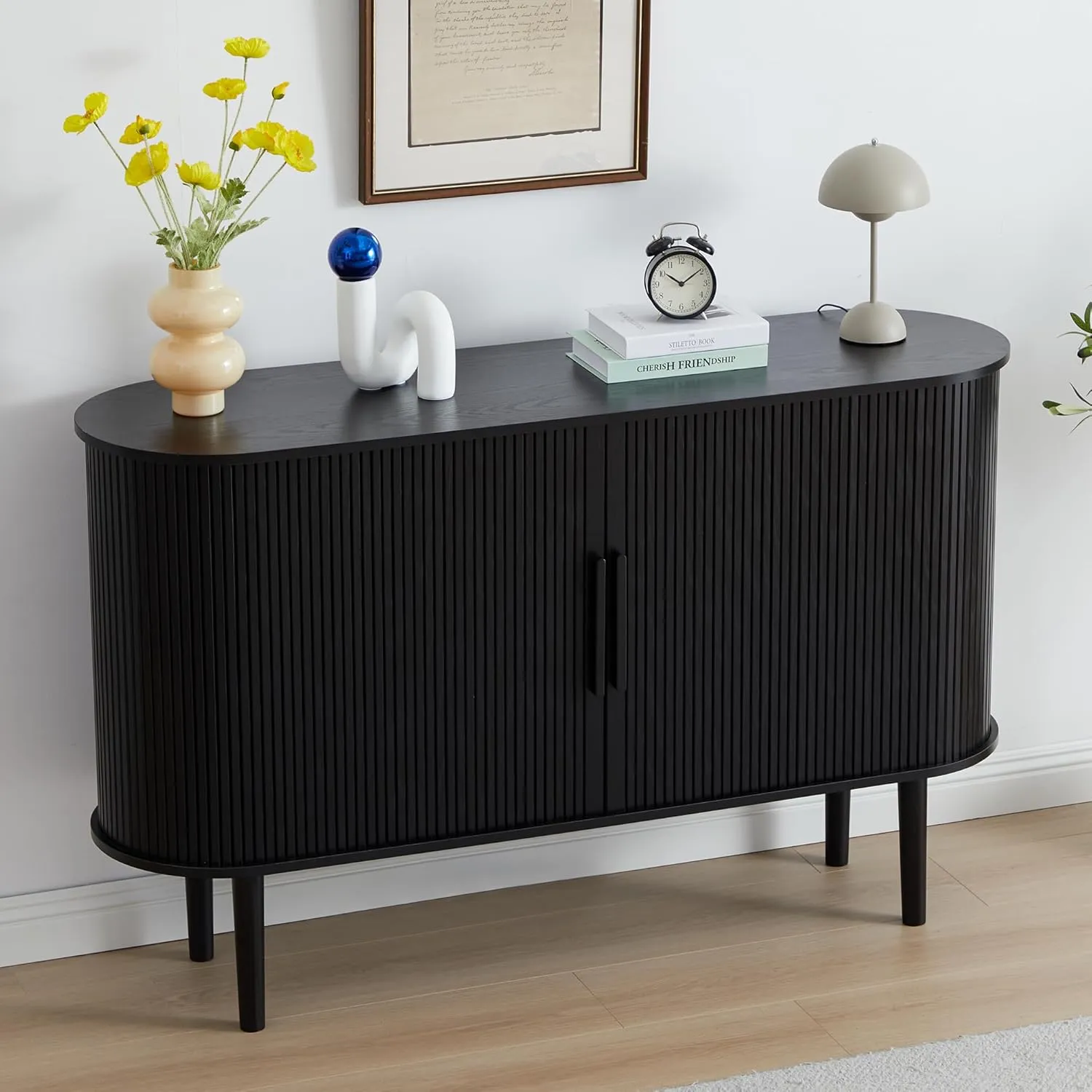 53''Sideboard Buffer Cabinet with Fluted Slide Doors, Modern Credenza Storage Cabinet, Tambour Bar Console Table for Living Dining Room Kitchen Hallway Entryway, Black