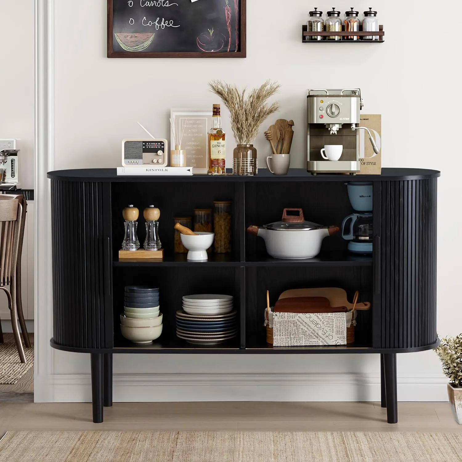 53''Sideboard Buffer Cabinet with Fluted Slide Doors, Modern Credenza Storage Cabinet, Tambour Bar Console Table for Living Dining Room Kitchen Hallway Entryway, Black