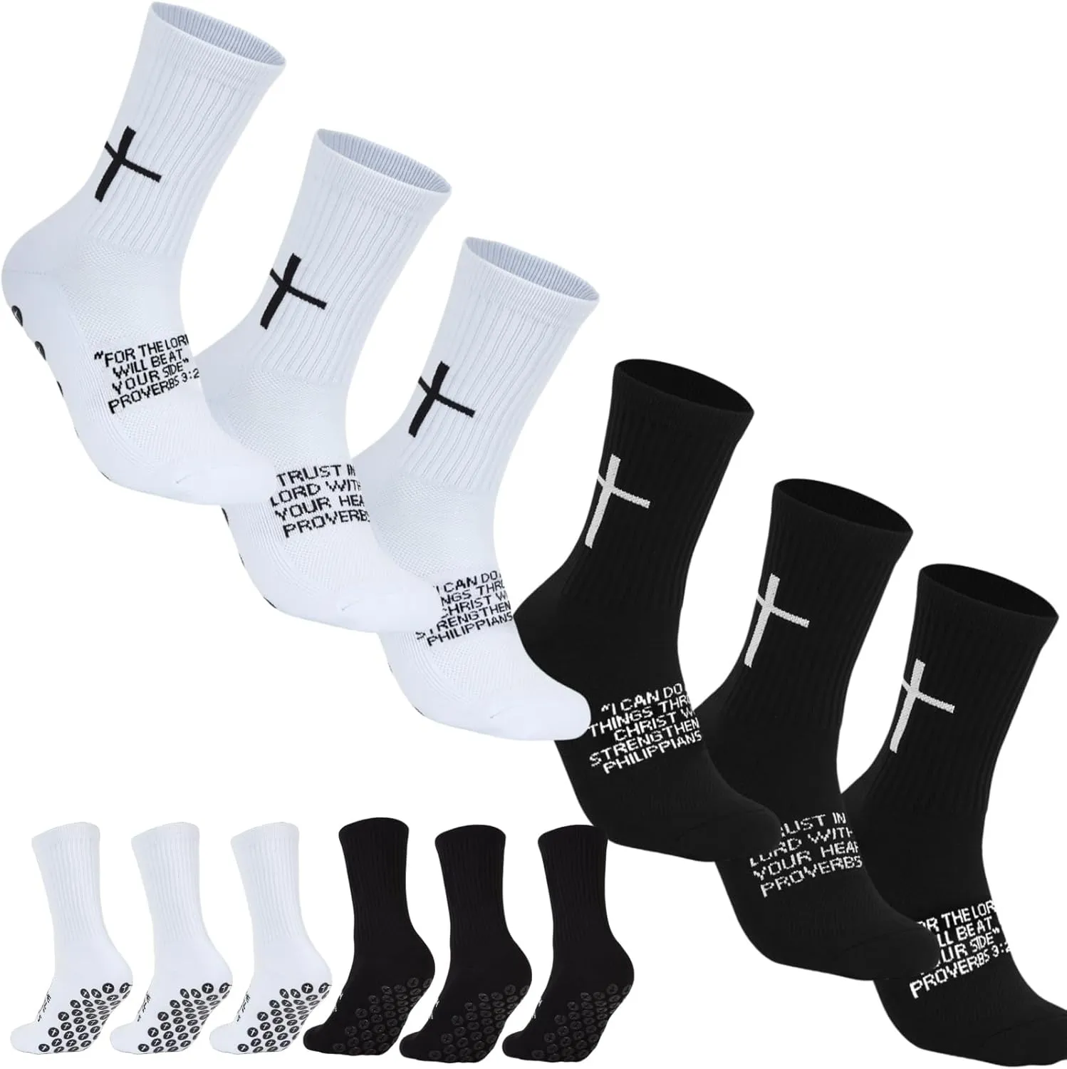 6 Pairs Cross Grip Soccer Socks for US 6-13 - Anti-Slip Christian Socks with Bible Verse, Jesus Sports Sock for Football Training