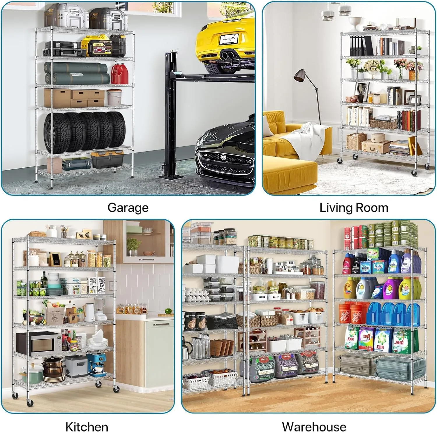 6 Tier Storage Shelves Metal Wire Shelving Unit with Wheels, 6000LBS Weight Capacity Heavy Duty NSF Height Adjustable Garage Shelving Steel Commercial Grade Shelf Rack for Garage Kitchen Pantry