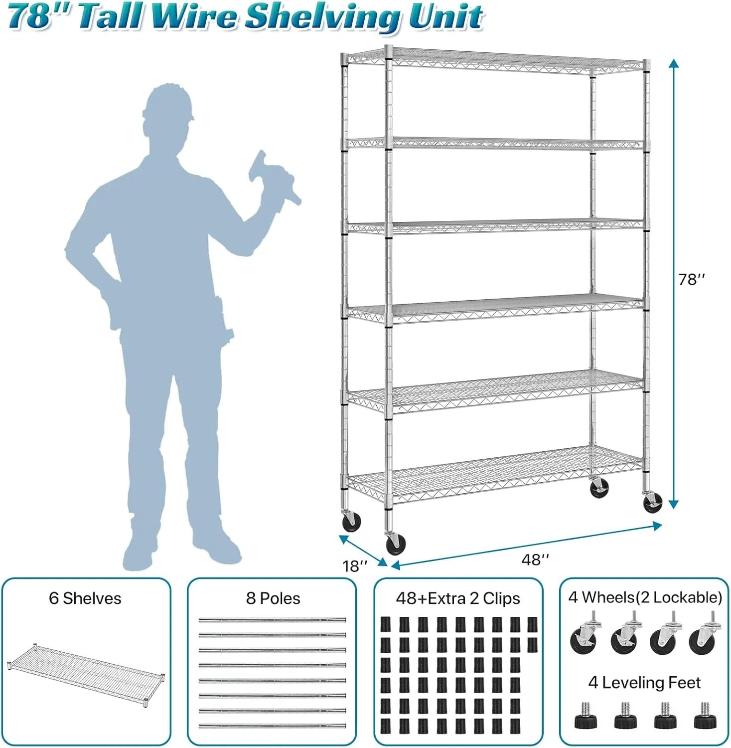 6 Tier Storage Shelves Metal Wire Shelving Unit with Wheels, 6000LBS Weight Capacity Heavy Duty NSF Height Adjustable Garage Shelving Steel Commercial Grade Shelf Rack for Garage Kitchen Pantry