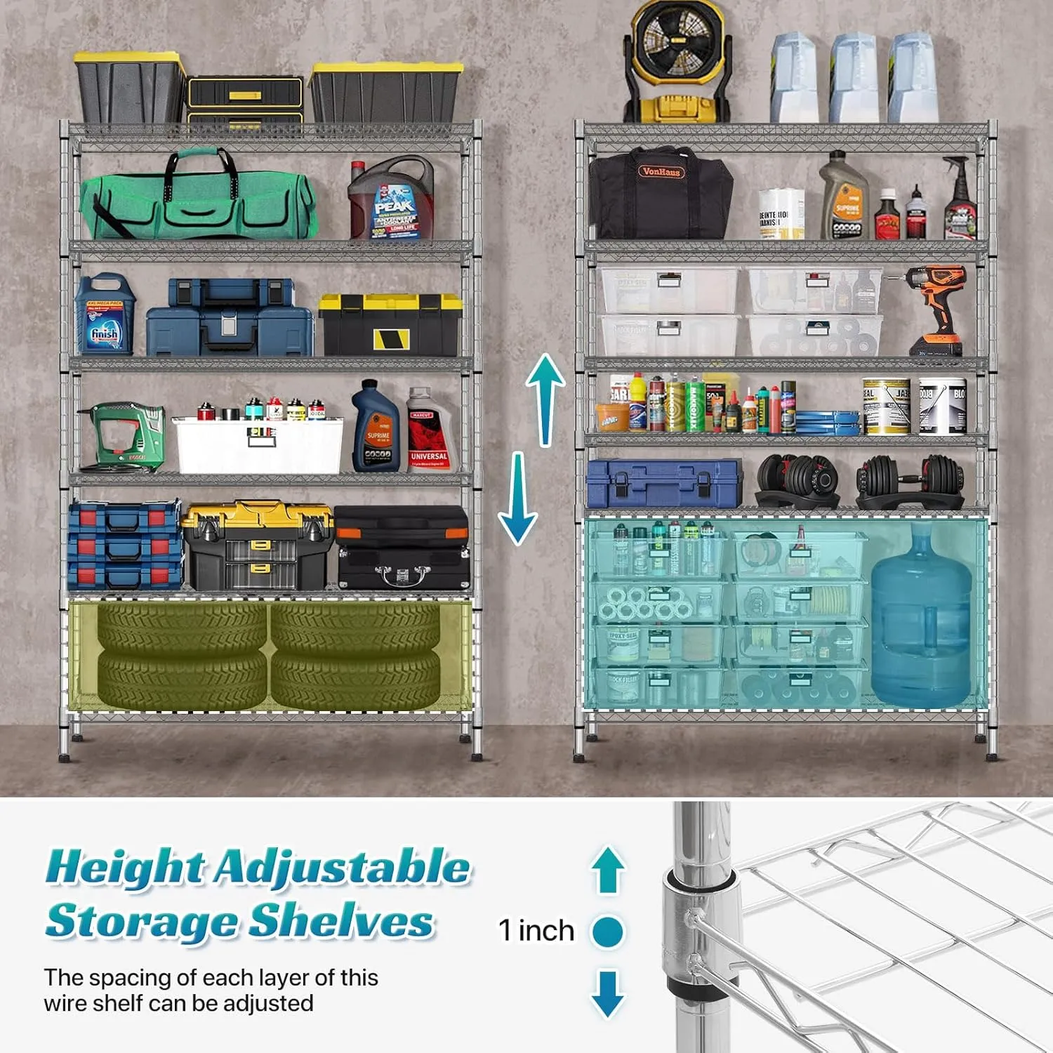 6 Tier Storage Shelves Metal Wire Shelving Unit with Wheels, 6000LBS Weight Capacity Heavy Duty NSF Height Adjustable Garage Shelving Steel Commercial Grade Shelf Rack for Garage Kitchen Pantry
