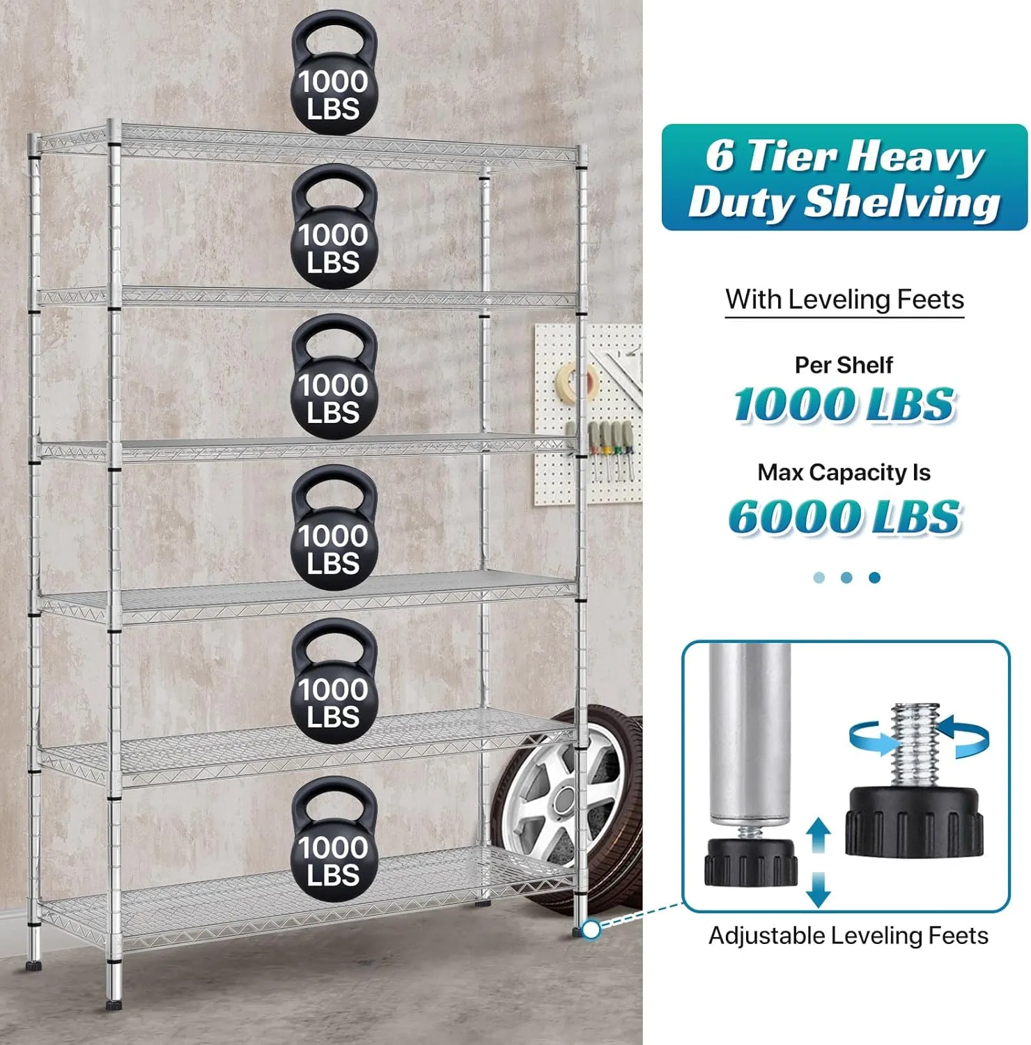 6 Tier Storage Shelves Metal Wire Shelving Unit with Wheels, 6000LBS Weight Capacity Heavy Duty NSF Height Adjustable Garage Shelving Steel Commercial Grade Shelf Rack for Garage Kitchen Pantry