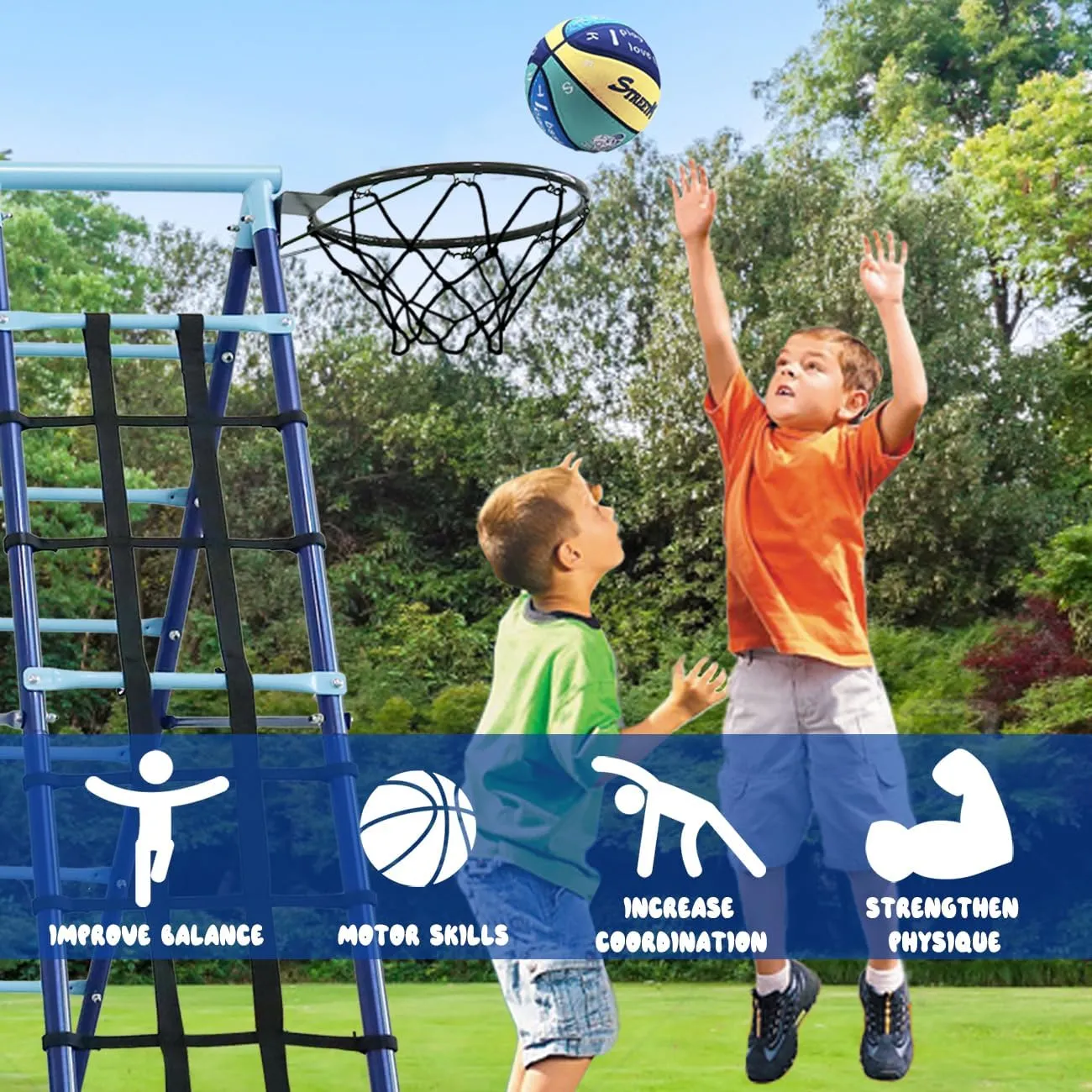 600lbs 6-in-1 Kids Swing Set, Backyard Playset with Belt & Platform Swings, Slide, Climbing Net, Basketball Hoop, Heavy-Duty A-Frame Metal Stand & 6 Anti-Tilt Stakes, Outdoor Gym for Ages 4-12