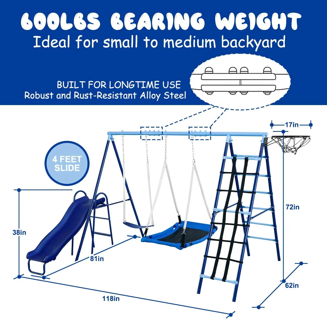 600lbs 6-in-1 Kids Swing Set, Backyard Playset with Belt & Platform Swings, Slide, Climbing Net, Basketball Hoop, Heavy-Duty A-Frame Metal Stand & 6 Anti-Tilt Stakes, Outdoor Gym for Ages 4-12
