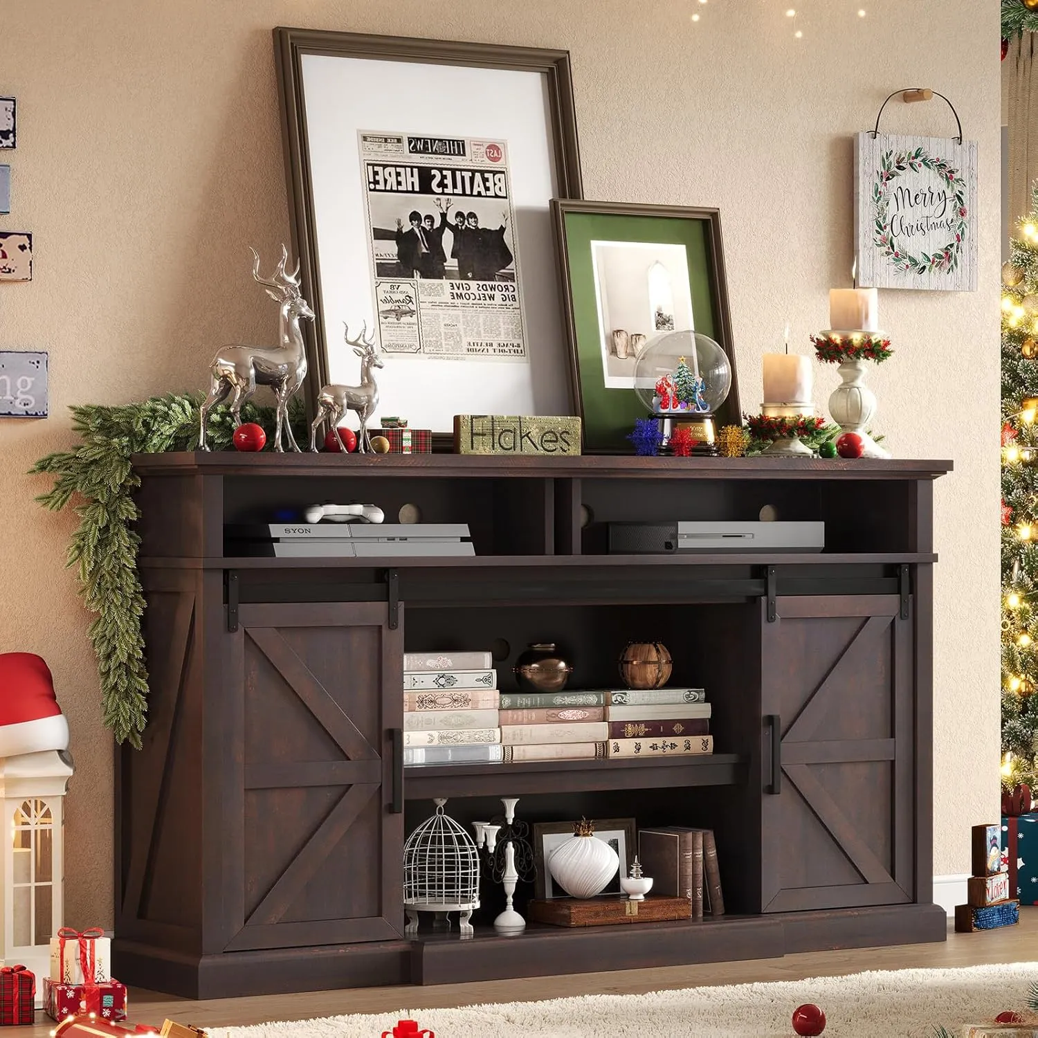66" Farmhouse TV Stand for 75 Inch TVs, 40" Tall Entertainment Center with Sliding Barn Doors, Rustic Media Console Table Storage Cabinet with Adjustable Shelves, Living Room, Sawdust Brown