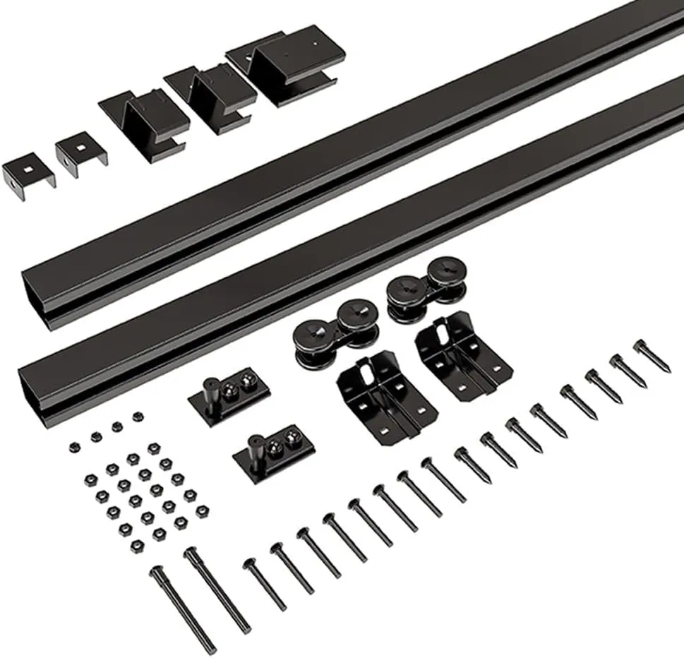 8FT Box Rail Hardware Heavy Duty Steel Sliding Barn Door Track, Wall Mount Kit, Fit Indoor and Exterior Door, Smoothly and Quietly Easy to Install