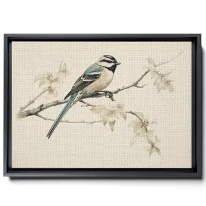 A Bird Sitting On A Branch On A White Background, In The Style Of Lithograph, Light Emerald And Dark Beige, Decor Canvas