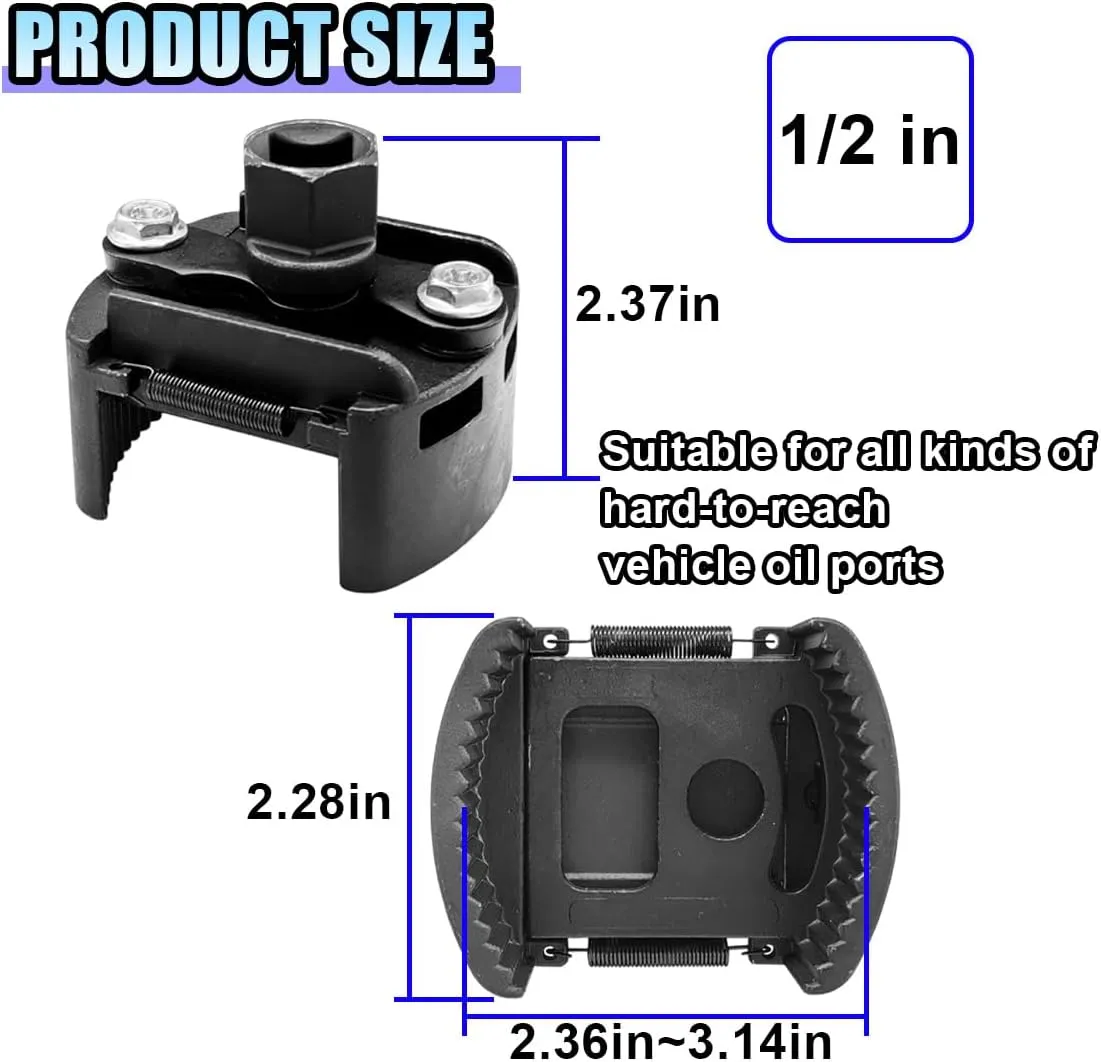 Adjustable Oil Filter Wrench Removal Tool, 60-80 mm (2.36-3.15 inch) Heavy Duty Oil Filter Tool with 2 Serrated Jaws, 1/2" Drive Cap Style Oil Filter Socket Wrench, Oil Filter Remover Tool (60-80 mm)