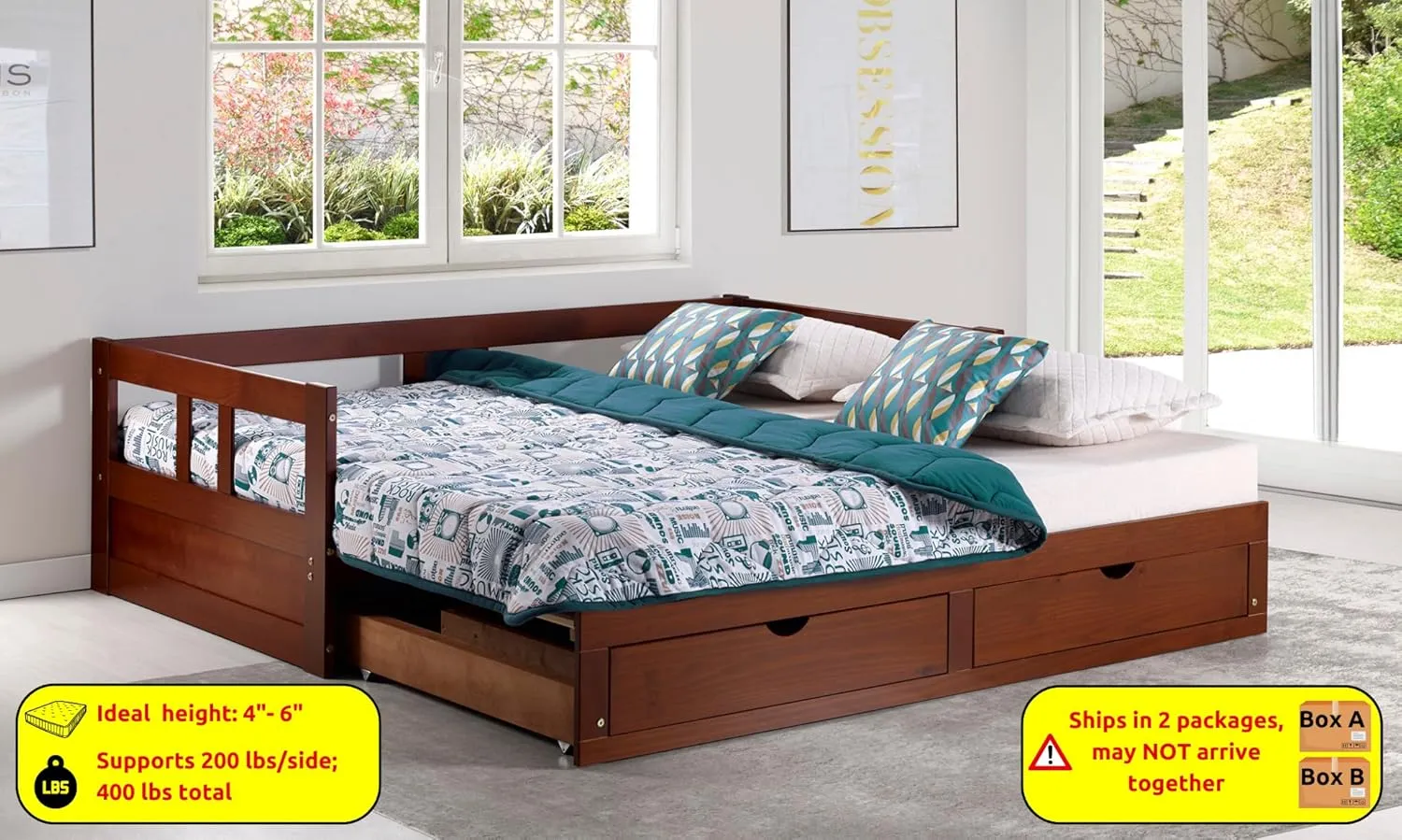 Alaterre Furniture Melody Extendable Daybed Frame with Trundle and Storage Drawers, Brazilian Pine Wood King-Size Bed for Kids Bedroom Furniture, 200 Pound Capacity, Multiple Finish Options