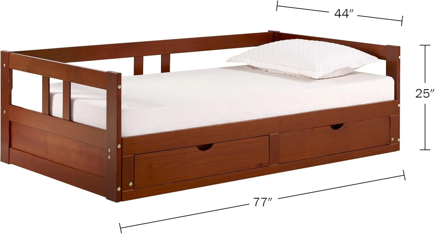 Alaterre Furniture Melody Extendable Daybed Frame with Trundle and Storage Drawers, Brazilian Pine Wood King-Size Bed for Kids Bedroom Furniture, 200 Pound Capacity, Multiple Finish Options