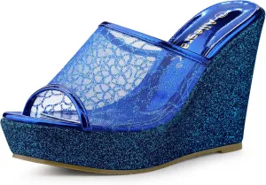 Allegra K Women's Glitter Platform Heels Slide Wedge Sandals