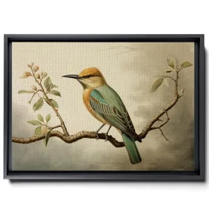 An Elegant Bird Perched On A Branch On Watercolour Paper, In The Style Of Light Gray And Dark Emerald, Canvas