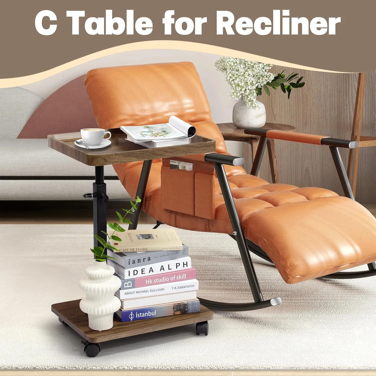 Aoligrace C Shaped End Tables Living Room Set of 2, Adjustable Height Side Table with Wheels, 360° Swivel Small TV Tray C Table for Bedroom, Couch Tables That Slide Under for Sofa Bed Chair