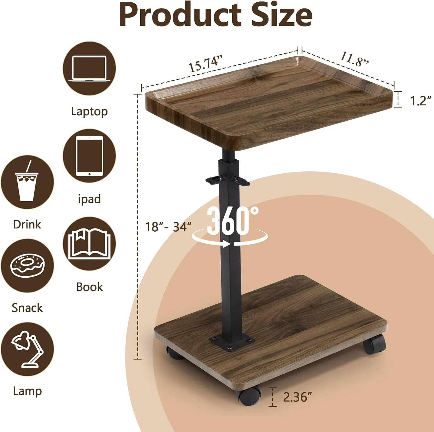 Aoligrace C Shaped End Tables Living Room Set of 2, Adjustable Height Side Table with Wheels, 360° Swivel Small TV Tray C Table for Bedroom, Couch Tables That Slide Under for Sofa Bed Chair
