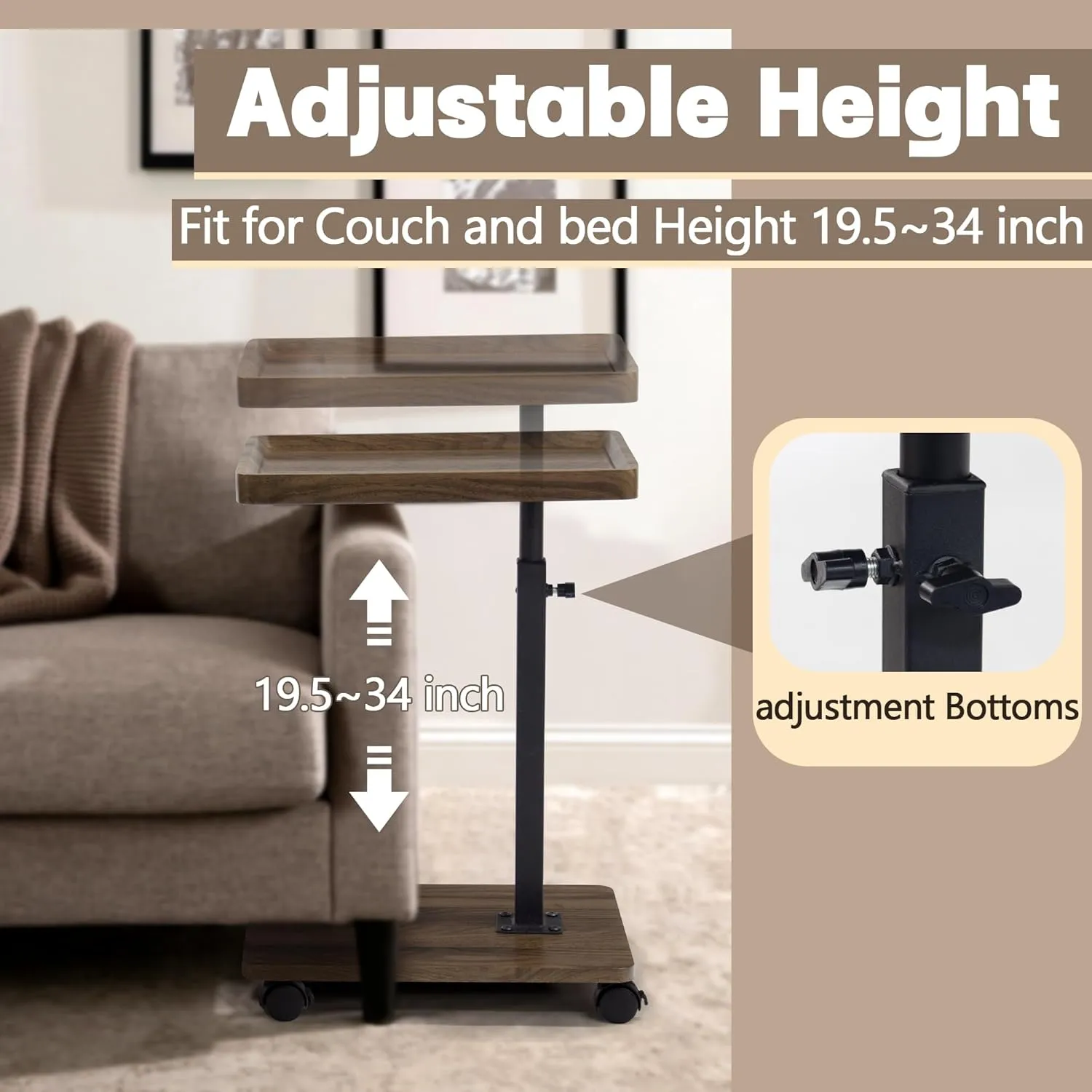 Aoligrace C Shaped End Tables Living Room Set of 2, Adjustable Height Side Table with Wheels, 360° Swivel Small TV Tray C Table for Bedroom, Couch Tables That Slide Under for Sofa Bed Chair