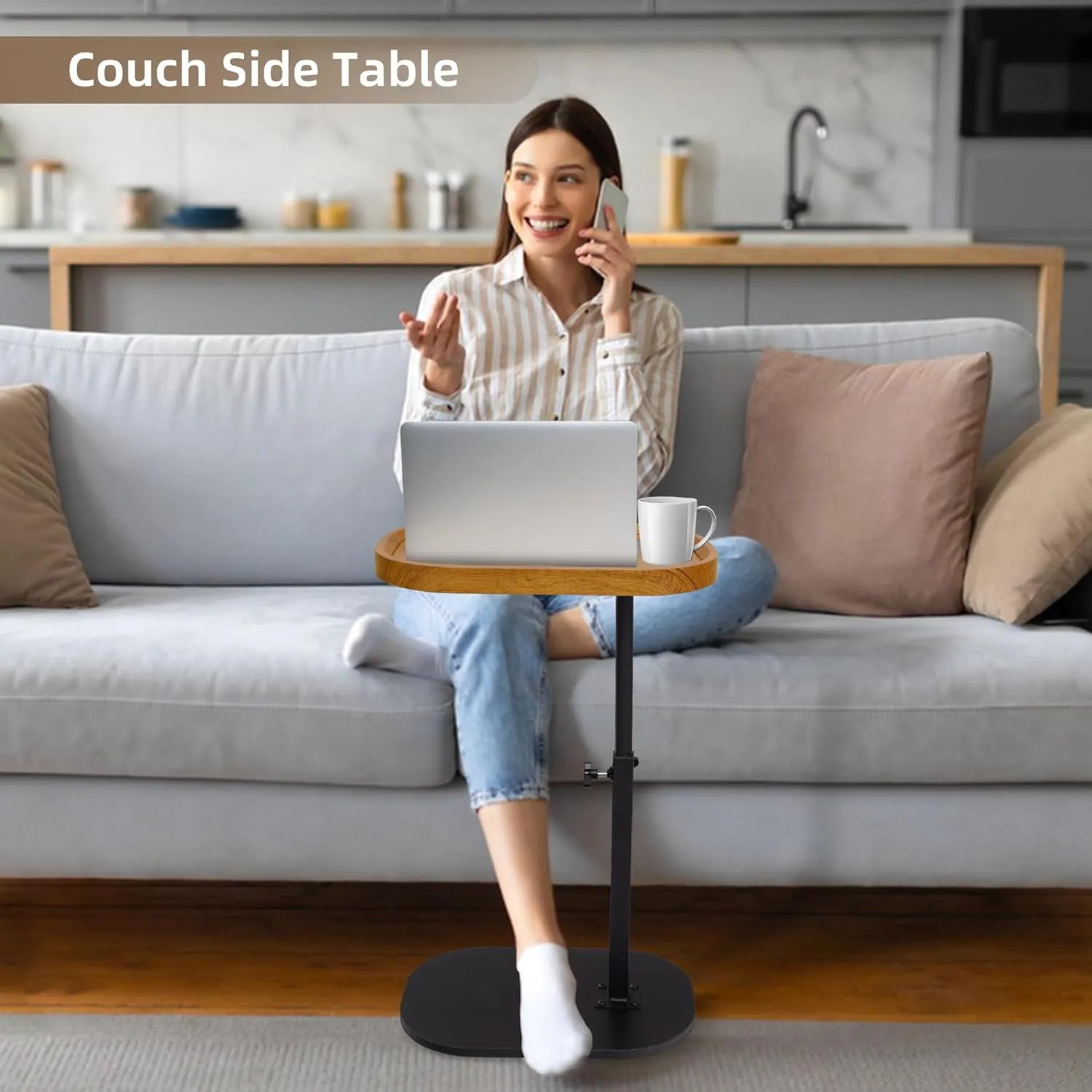 Aoligrace End Table Adjustable Height, 360°Swivel TV Tray C Table for Couch Sofa Bed, Wood Side Table for Living Room Bedroom Small Spaces