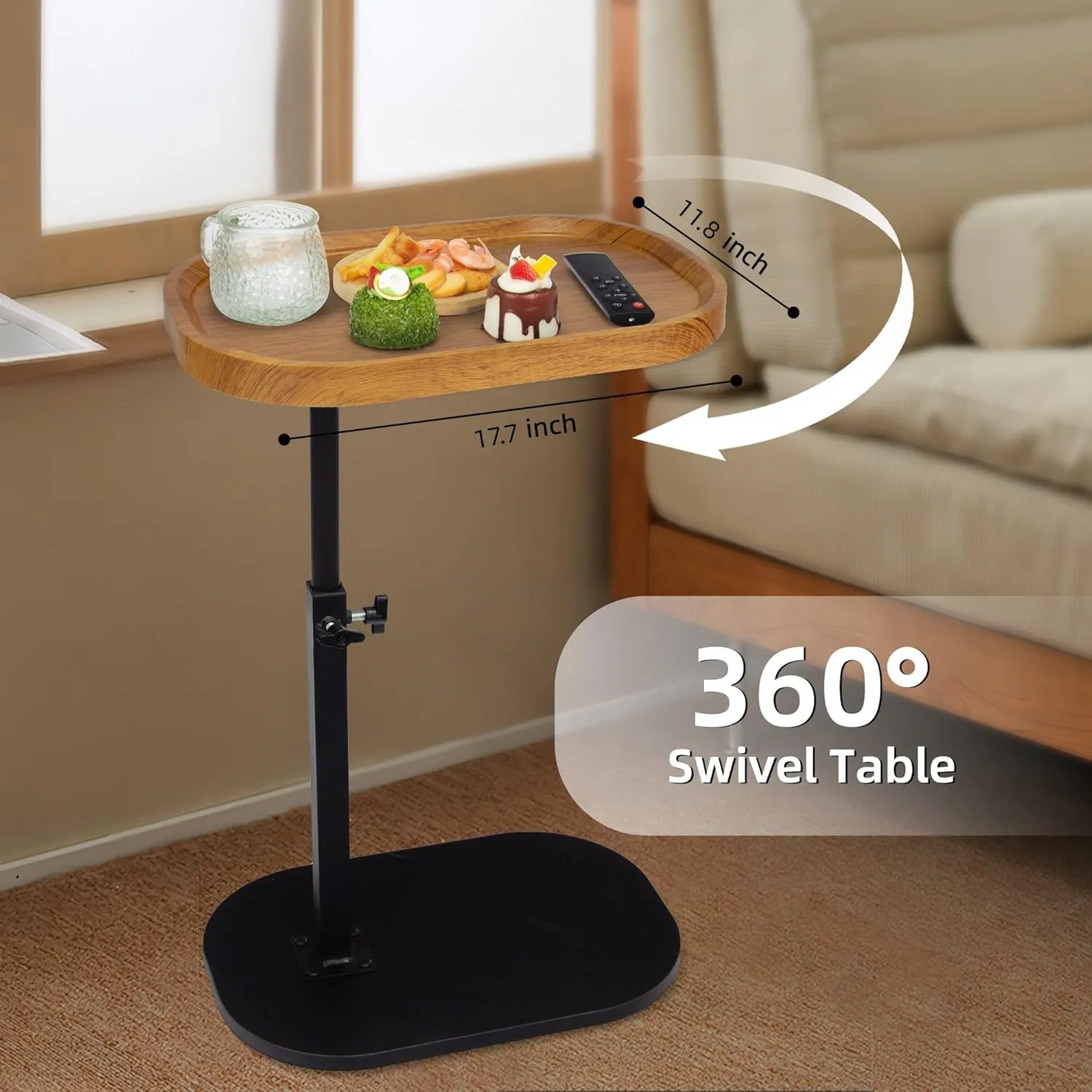 Aoligrace End Table Adjustable Height, 360°Swivel TV Tray C Table for Couch Sofa Bed, Wood Side Table for Living Room Bedroom Small Spaces
