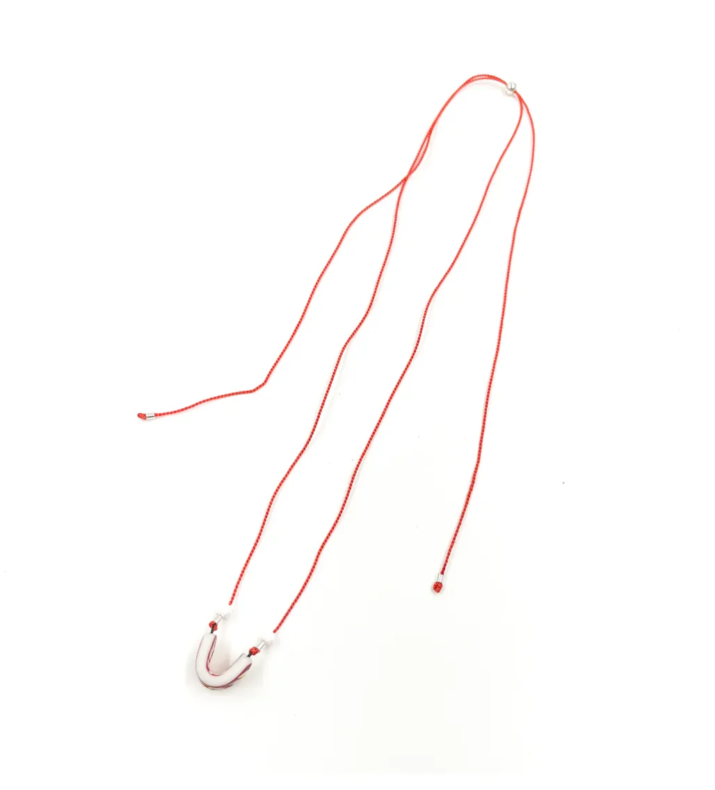 April Felipe Red Floral Bent Oval with Opals on Red Cord Necklace
