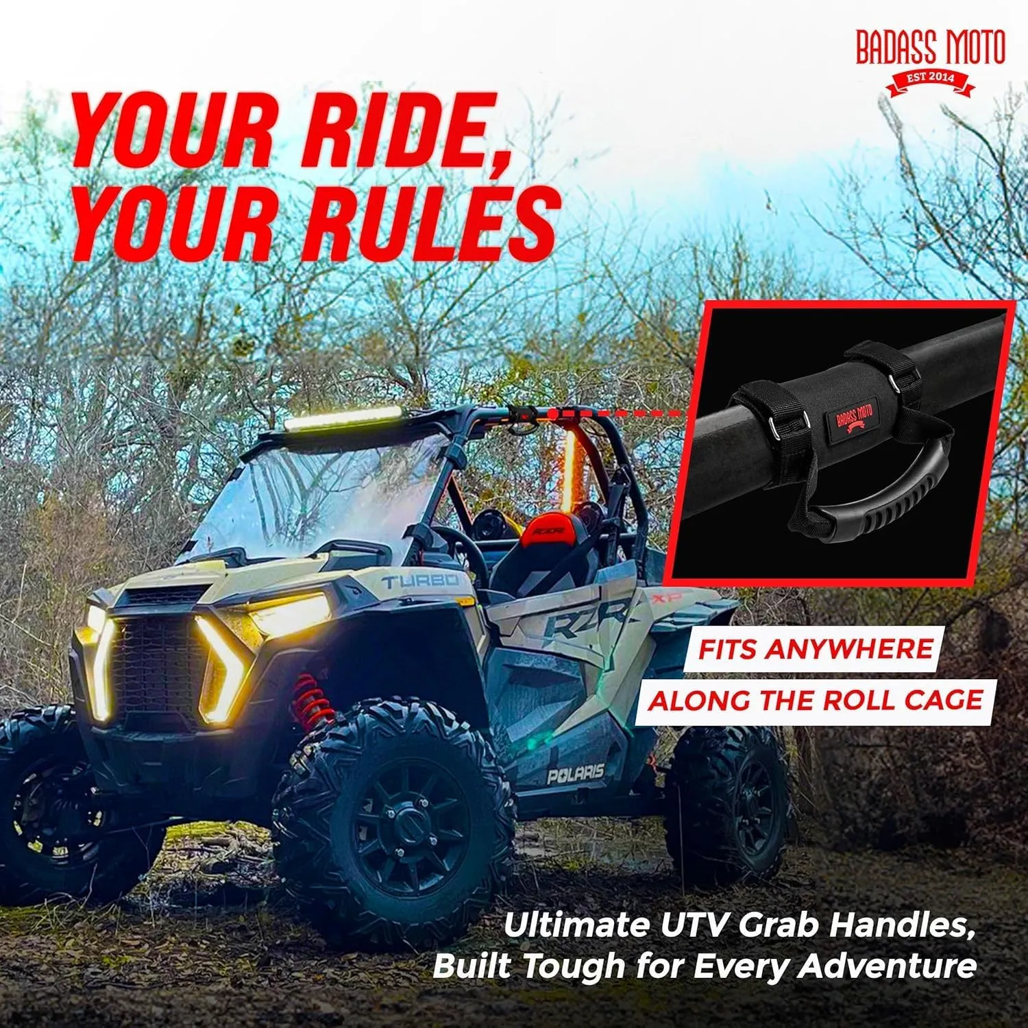 Badass Moto Roll Bar Grab Handles - SXS, ATV, & UTV Grab Handles Grips for 1.5 to 2" Rollbar - Black & Red Hand Grip Grabs with Stainless Steel Buckles for Honda, Teryx, Can-Am, Polaris, More - 2 pack