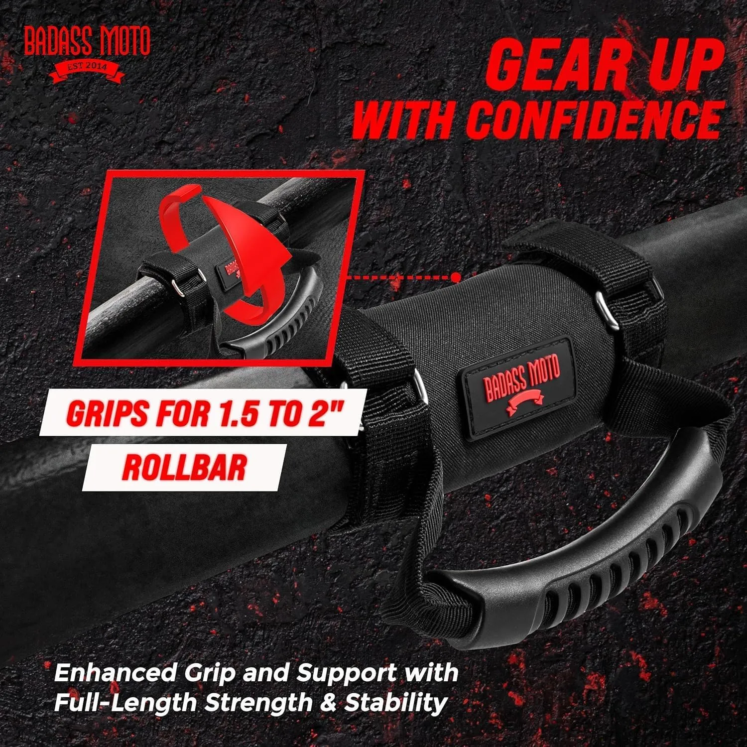 Badass Moto Roll Bar Grab Handles - SXS, ATV, & UTV Grab Handles Grips for 1.5 to 2" Rollbar - Black & Red Hand Grip Grabs with Stainless Steel Buckles for Honda, Teryx, Can-Am, Polaris, More - 2 pack