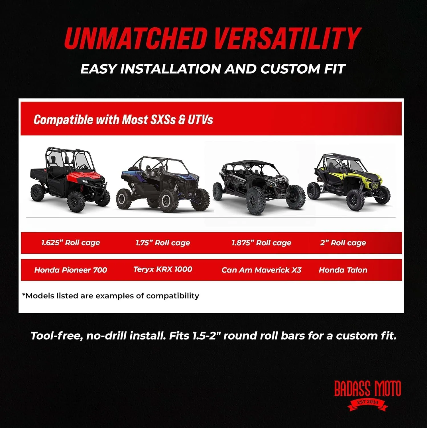 Badass Moto Roll Bar Grab Handles - SXS, ATV, & UTV Grab Handles Grips for 1.5 to 2" Rollbar - Black & Red Hand Grip Grabs with Stainless Steel Buckles for Honda, Teryx, Can-Am, Polaris, More - 2 pack