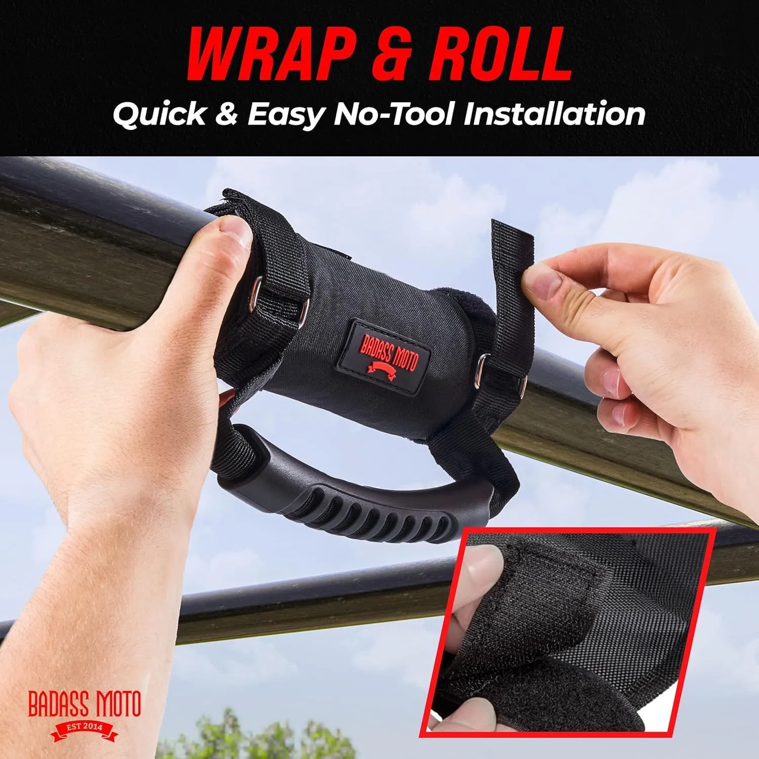Badass Moto Roll Bar Grab Handles - SXS, ATV, & UTV Grab Handles Grips for 1.5 to 2" Rollbar - Black & Red Hand Grip Grabs with Stainless Steel Buckles for Honda, Teryx, Can-Am, Polaris, More - 2 pack
